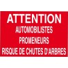 Panneau attention automobilistes promeneurs risque de chutes d'arbres
