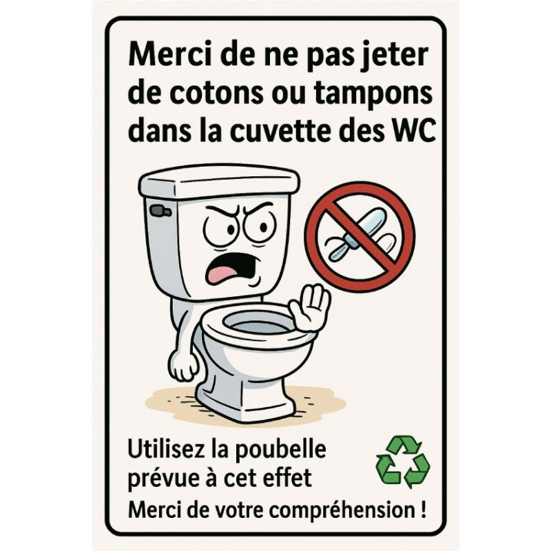 Panneau merci de ne pas jeter de cotons ou tampons dans la cuvette des wc